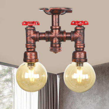Elise Amber Glass Copper Dual Flush Ceiling Light