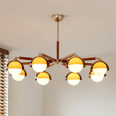 Élise Chandelier, Acrylic Globe Shades with Wood Accents