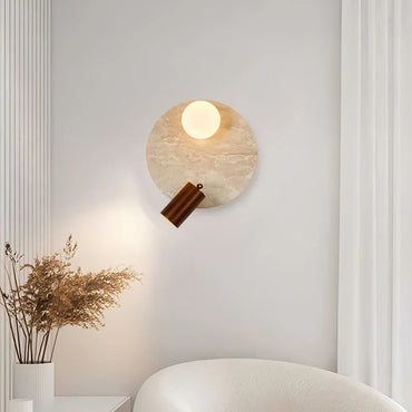 Sophie Gelb Travertin Holz LED Wandleuchte Wabi Sabi
