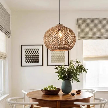 Élise Japanese Rattan Pendant Light E27 Woven LED Chandelier Beige
