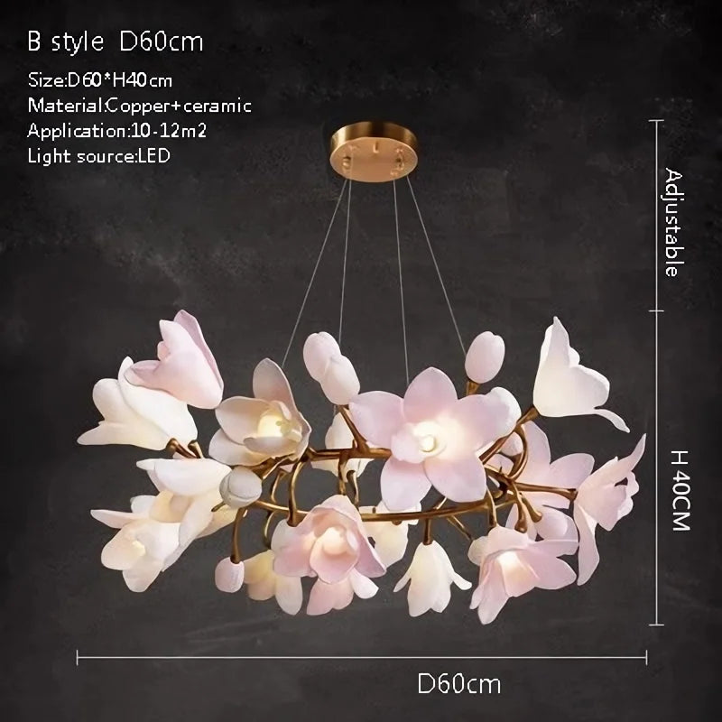 Éliane French Pink Ceramic Flower Branch Pendant Light