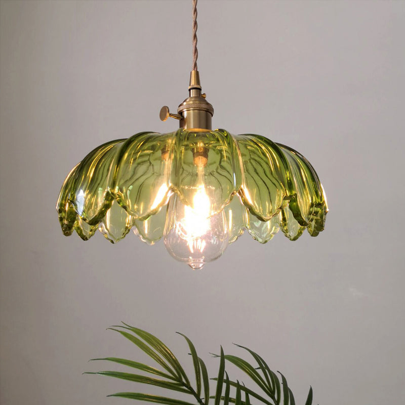 Aurélie Grüne gewellte Retro-Pendelleuchte aus Glas