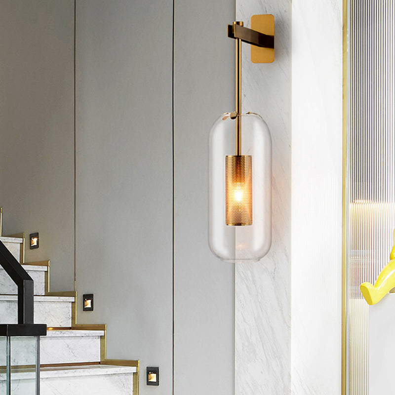 Anaïs Kapsel Glas Wandleuchte Gitterschutz Schwarz/Gold