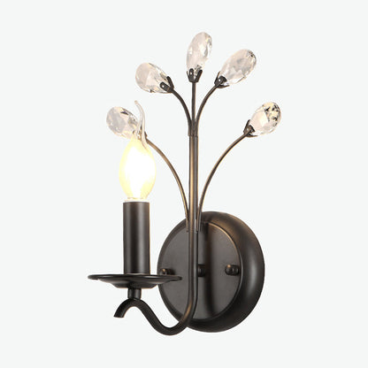 Wandkerzenhalter mit einer Glühbirne, Wandleuchte aus schwarzem Metall im Landhausstil mit Kristallzweig