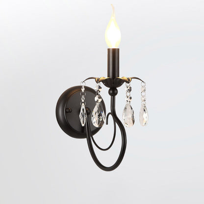 Wandkerzenhalter mit einer Glühbirne, Wandleuchte aus schwarzem Metall im Landhausstil mit Kristallzweig