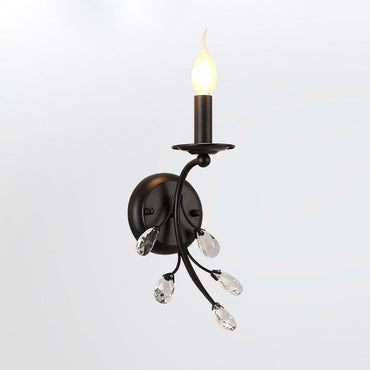 Wandkerzenhalter mit einer Glühbirne, Wandleuchte aus schwarzem Metall im Landhausstil mit Kristallzweig