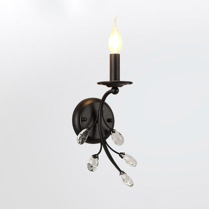 Wandkerzenhalter mit einer Glühbirne, Wandleuchte aus schwarzem Metall im Landhausstil mit Kristallzweig