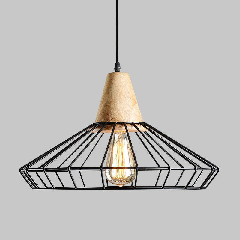 Camille Industrial Cage Pendant Light with Wooden Accent