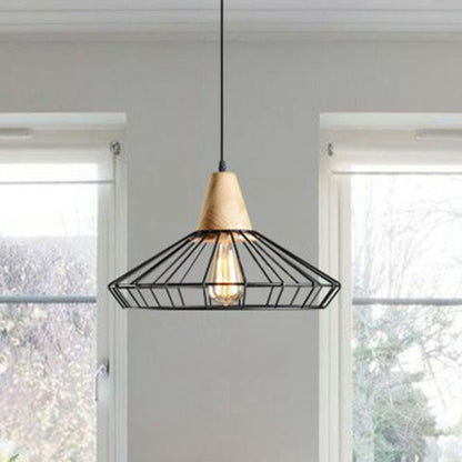 Camille Industrial Cage Pendant Light with Wooden Accent