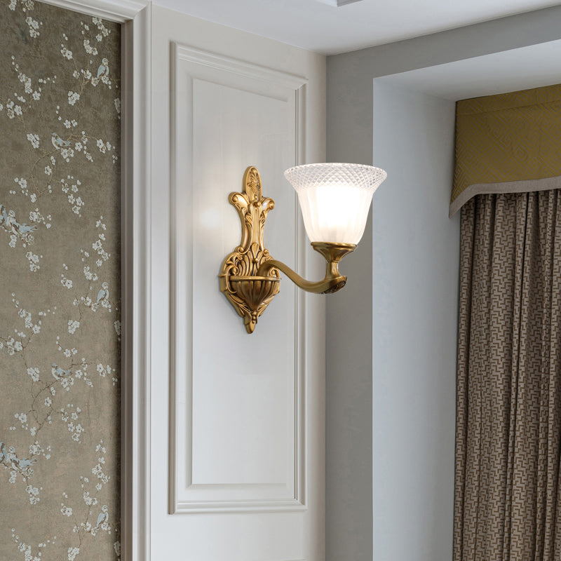 Élise Brass Wall Mount Light with White Ribbed Glass Bell Shade