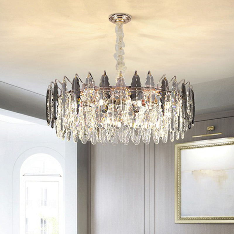 Camille Crystal Leaf Round Chandelier 9 Light Smoke Gray