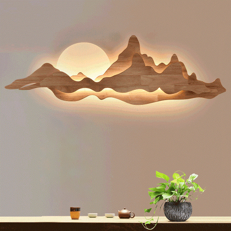 Camille Mountain & Moon Wall Lamp with Wooden Frame and Acrylic Shade