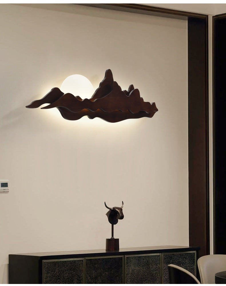 Camille Mountain & Moon Wall Lamp with Wooden Frame and Acrylic Shade