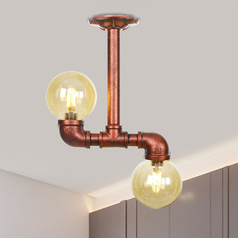 Elise Amber Glass Copper Dual Flush Ceiling Light