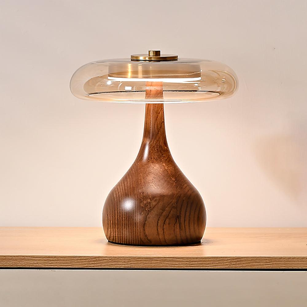 Élise Tischleuchte aus Glas mit Holzfuß und LED-Dimmer