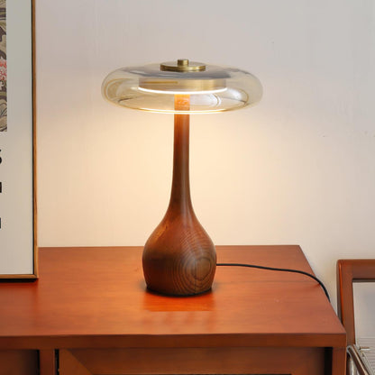 Élise Tischleuchte aus Glas mit Holzfuß und LED-Dimmer