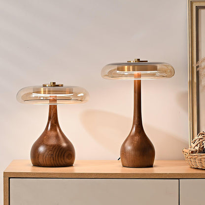 Élise Tischleuchte aus Glas mit Holzfuß und LED-Dimmer