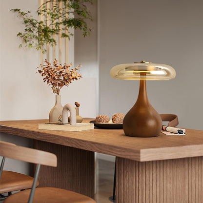 Élise Tischleuchte aus Glas mit Holzfuß und LED-Dimmer