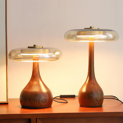 Élise Tischleuchte aus Glas mit Holzfuß und LED-Dimmer