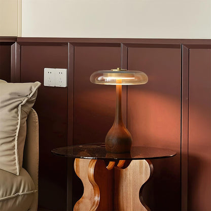 Élise Tischleuchte aus Glas mit Holzfuß und LED-Dimmer