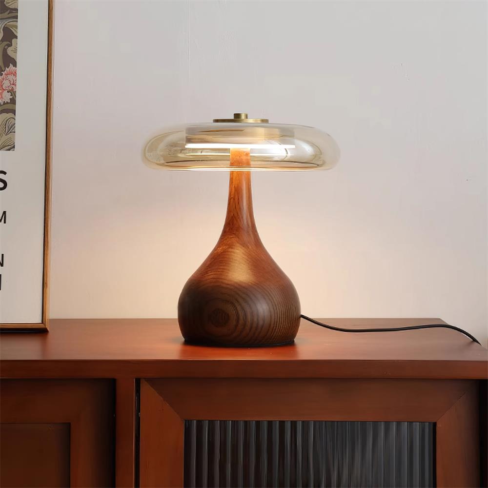 Élise Tischleuchte aus Glas mit Holzfuß und LED-Dimmer