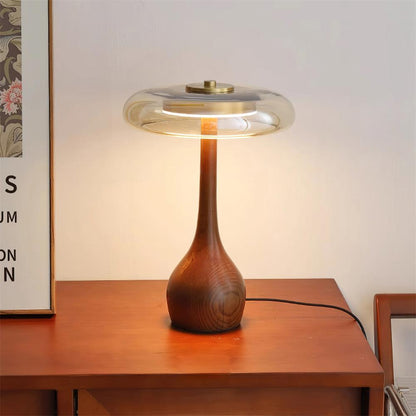 Élise Tischleuchte aus Glas mit Holzfuß und LED-Dimmer