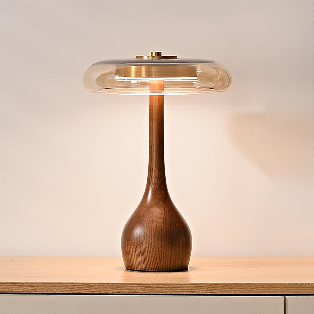 Élise Tischleuchte aus Glas mit Holzfuß und LED-Dimmer