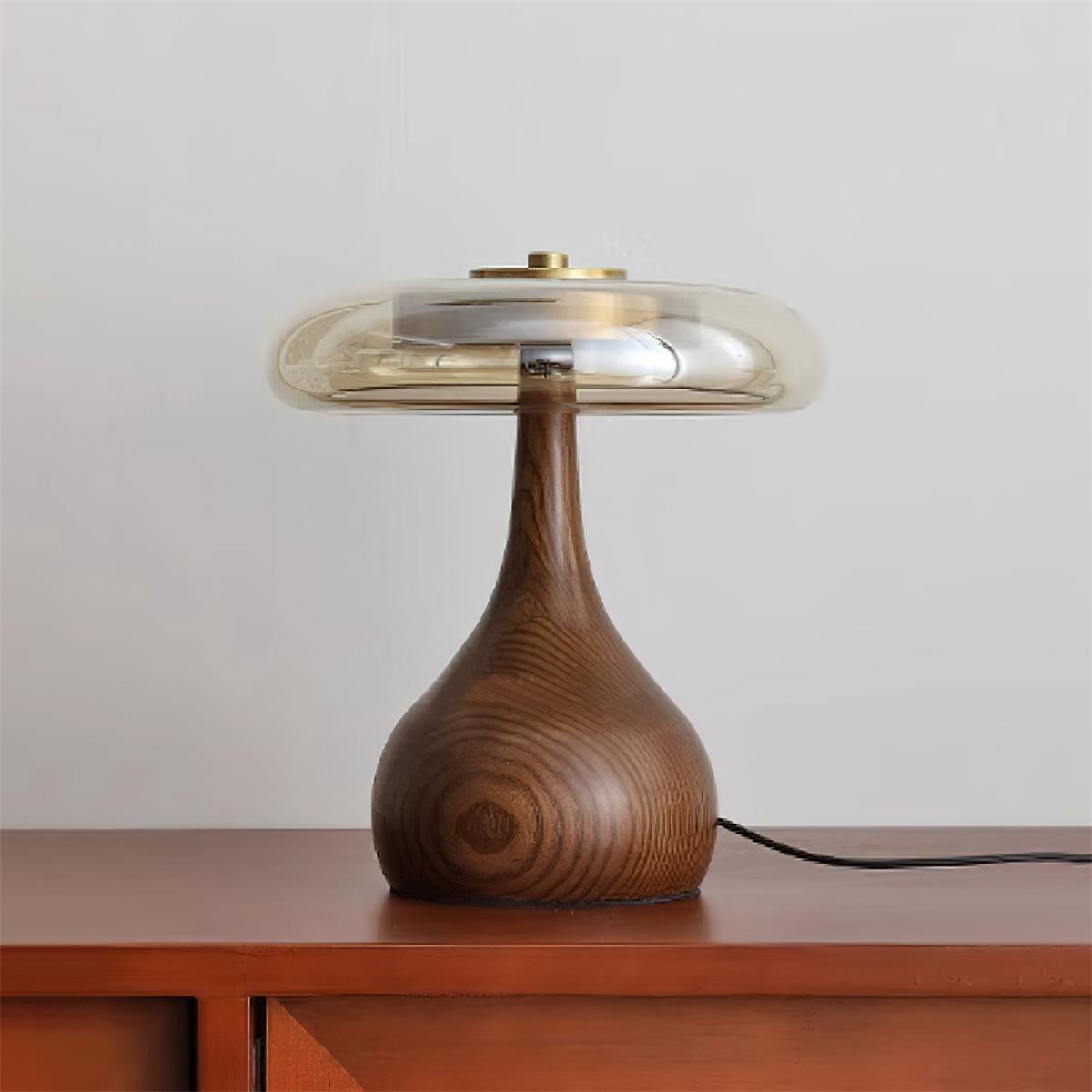 Élise Tischleuchte aus Glas mit Holzfuß und LED-Dimmer