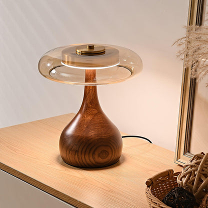 Élise Tischleuchte aus Glas mit Holzfuß und LED-Dimmer