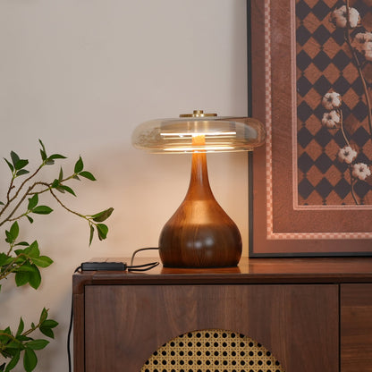 Élise Tischleuchte aus Glas mit Holzfuß und LED-Dimmer