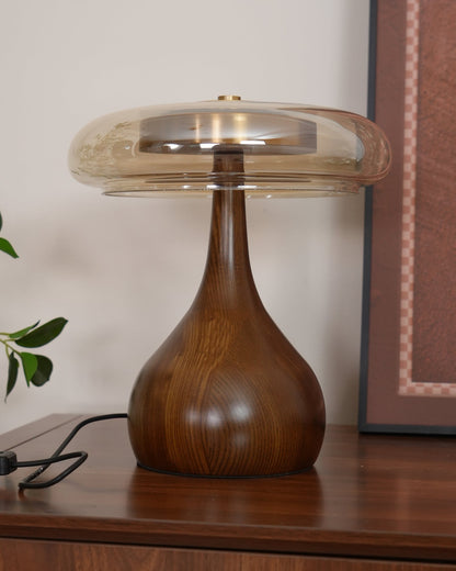 Élise Tischleuchte aus Glas mit Holzfuß und LED-Dimmer