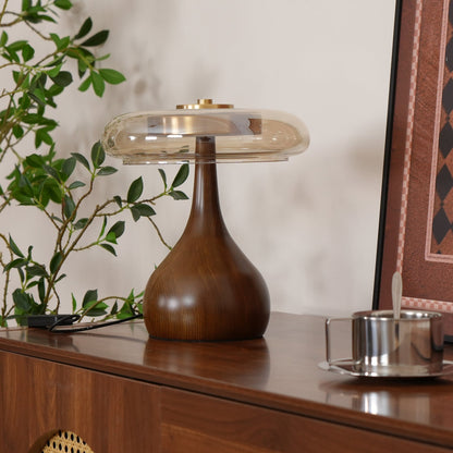 Élise Tischleuchte aus Glas mit Holzfuß und LED-Dimmer