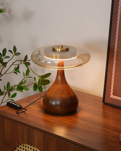 Élise Tischleuchte aus Glas mit Holzfuß und LED-Dimmer
