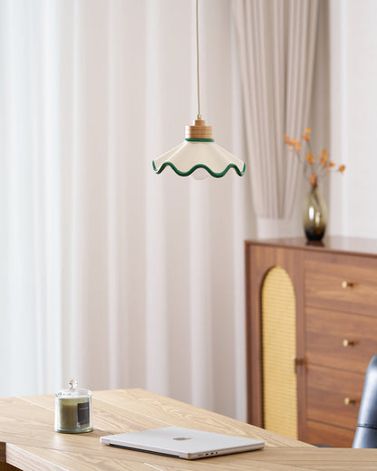 Juliette Pendant Lamp, Scalloped Resin Shade with Wood Accent