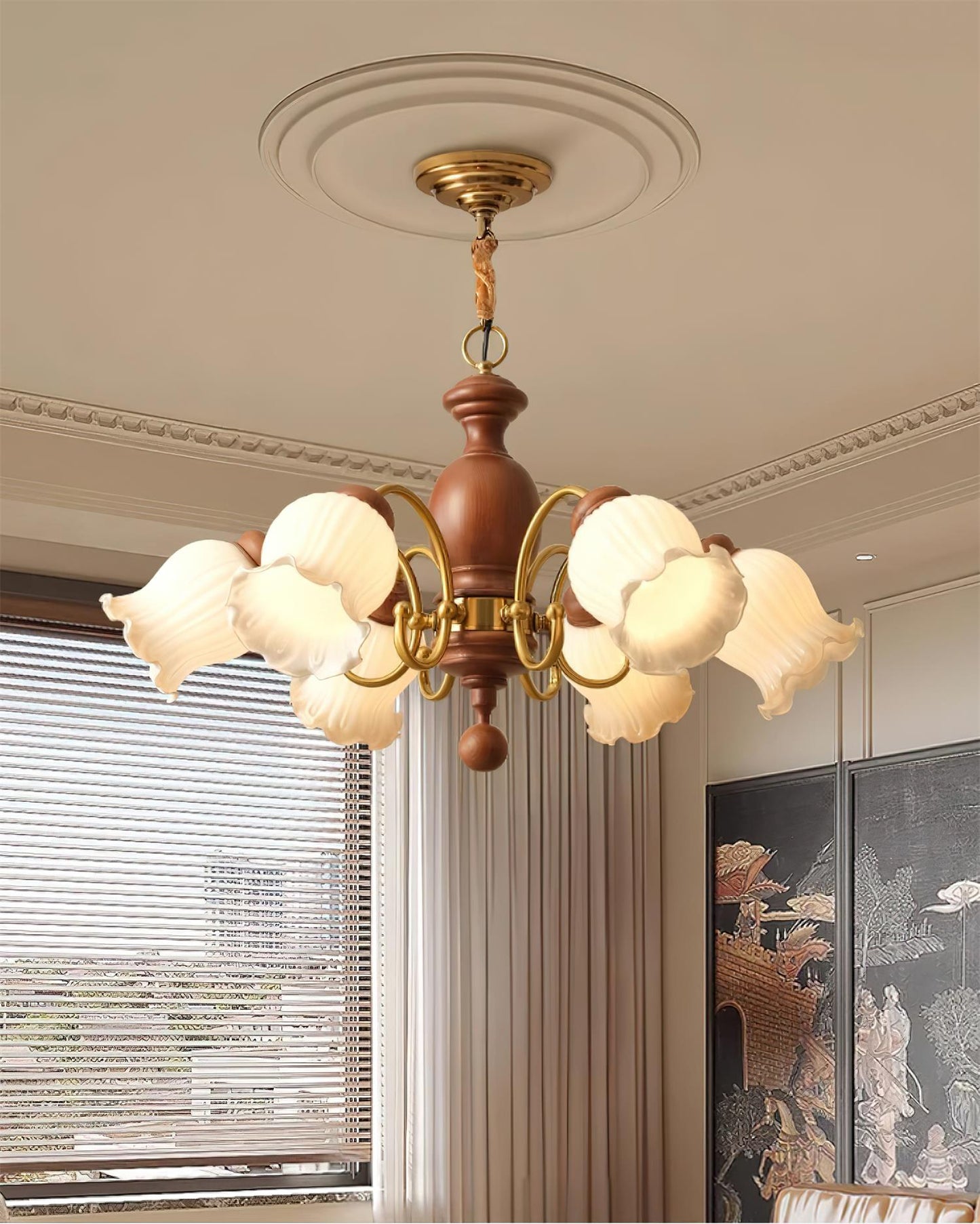 Céleste Holzleuchter, florale Glasschirme mit Metallarmen