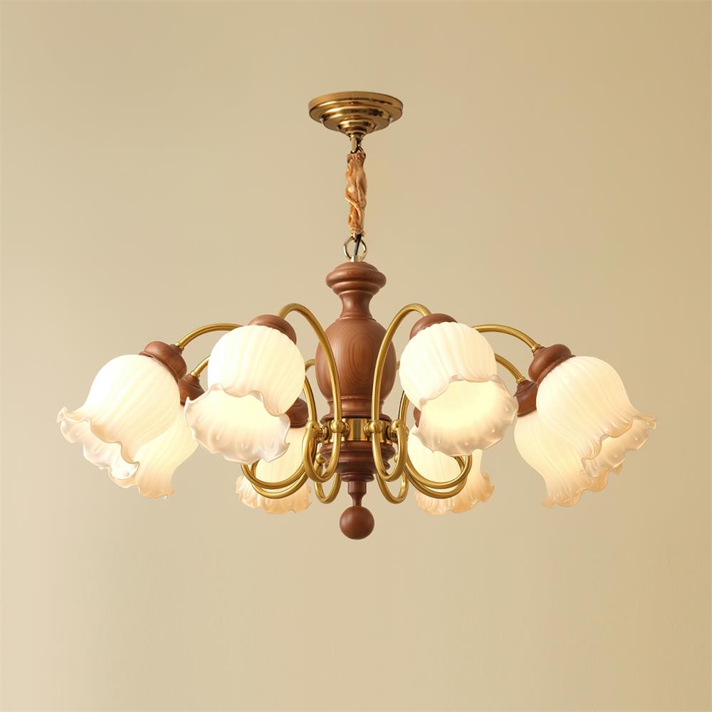 Céleste Holzleuchter, florale Glasschirme mit Metallarmen