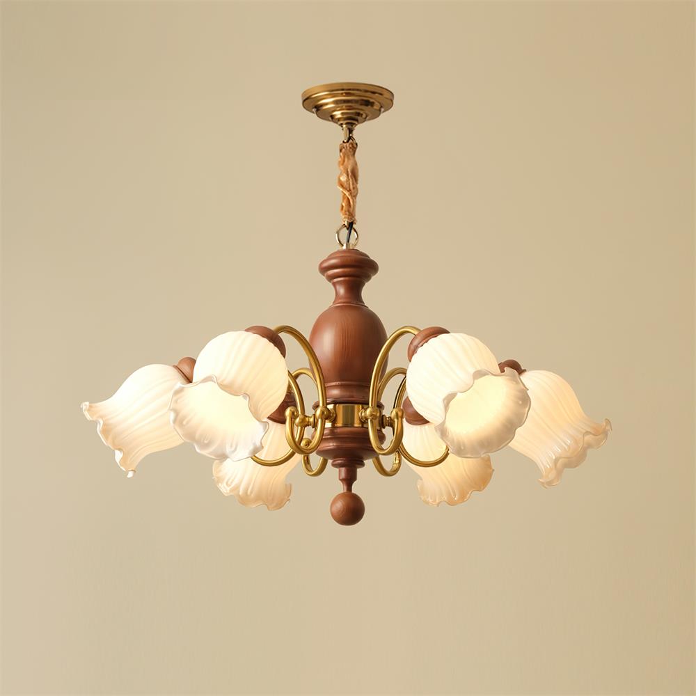 Céleste Holzleuchter, florale Glasschirme mit Metallarmen