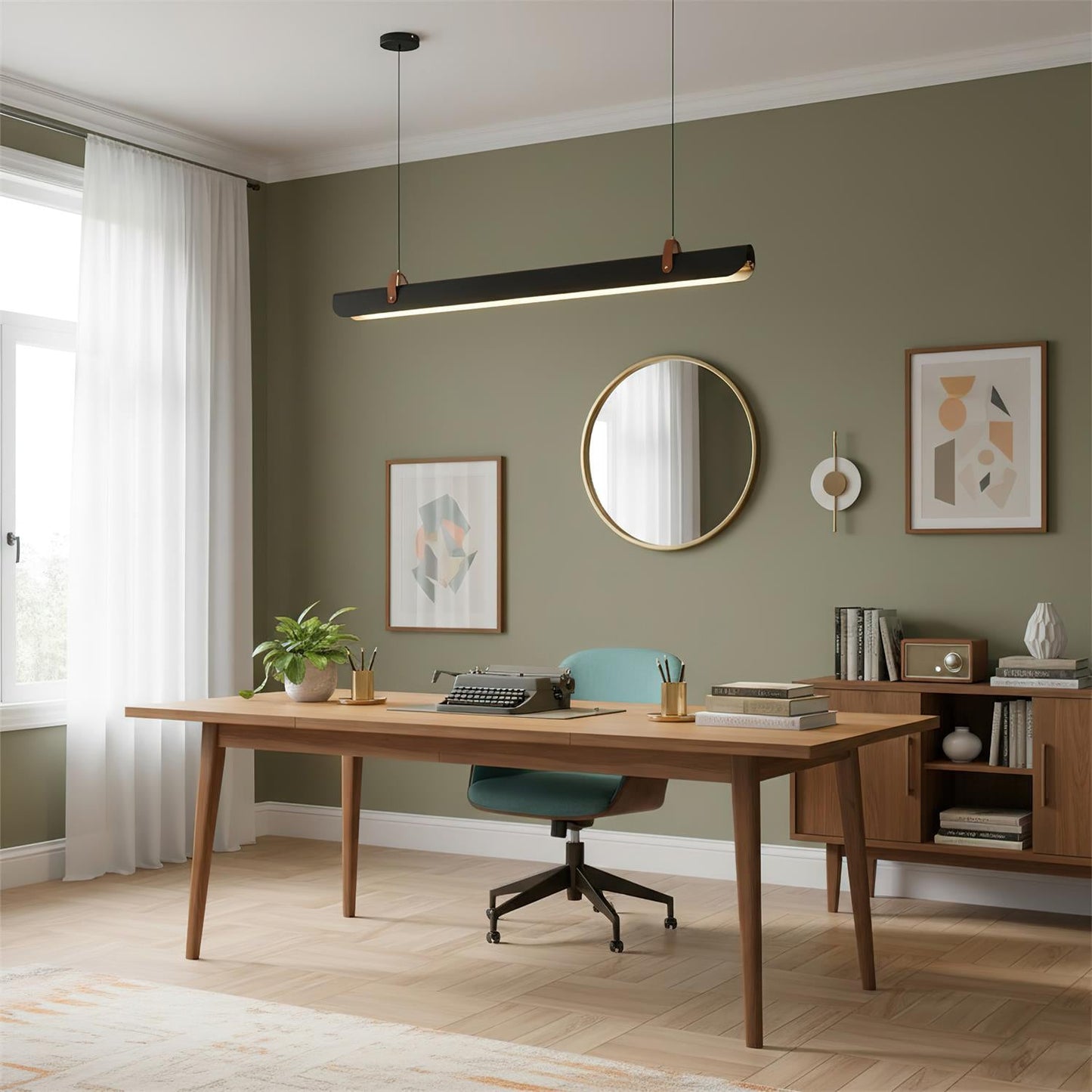 Étienne LED-Linearlampe mit Lederriemen und Metallrahmen