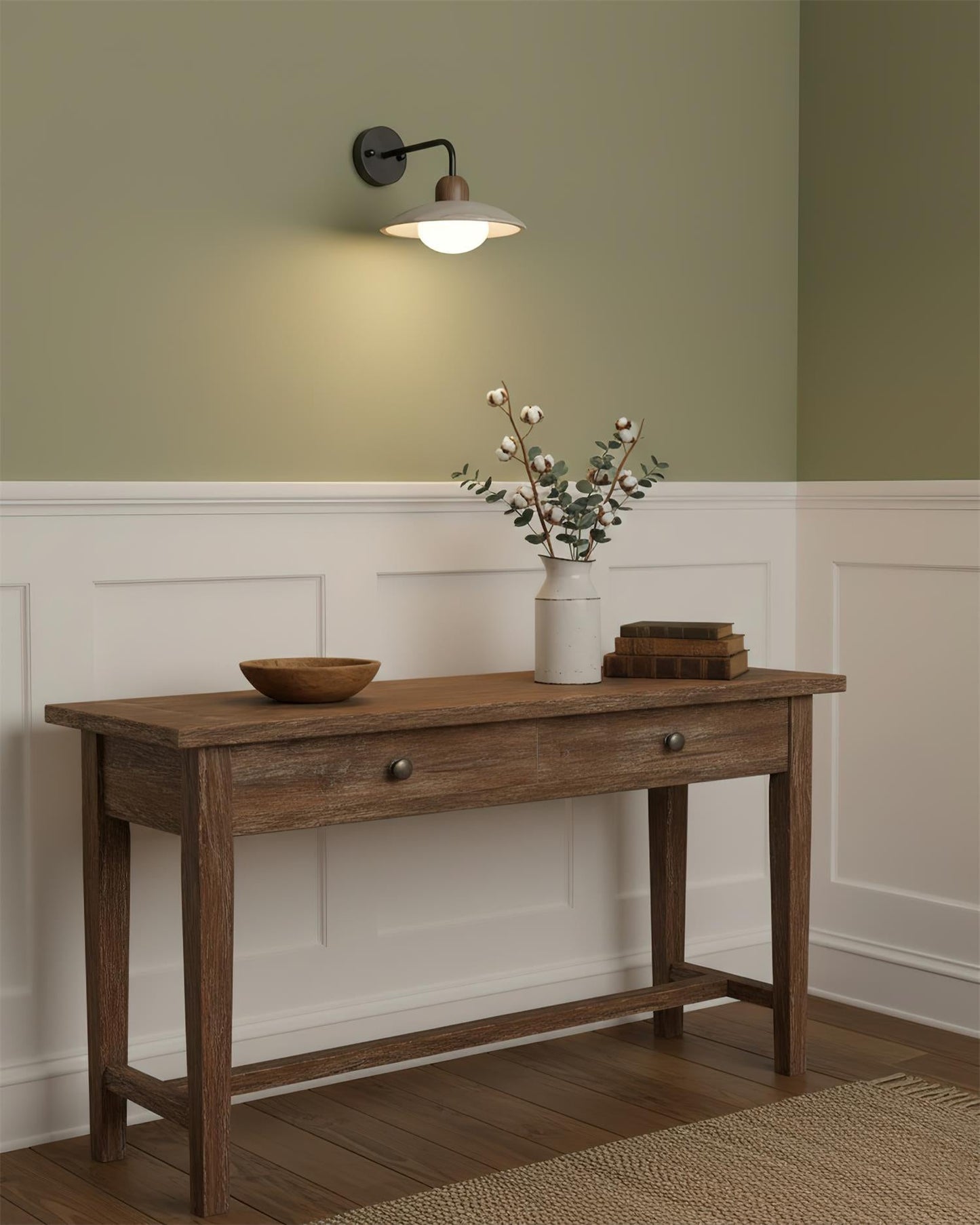 Wandlampe Carolia Travertine mit Holzfuß und Arm aus gebürstetem Messing