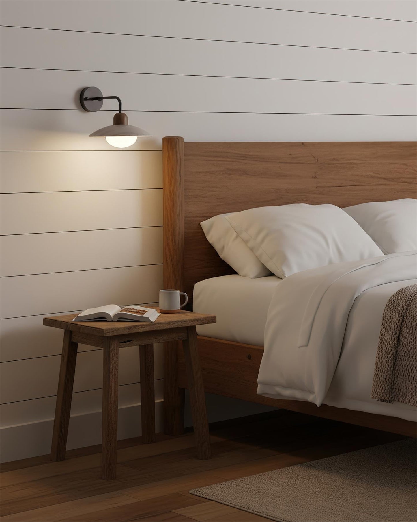Wandlampe Carolia Travertine mit Holzfuß und Arm aus gebürstetem Messing