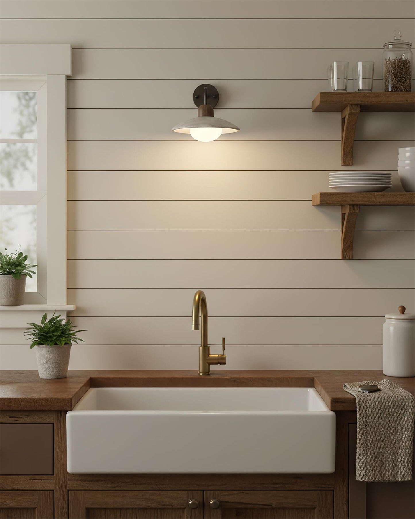 Wandlampe Carolia Travertine mit Holzfuß und Arm aus gebürstetem Messing