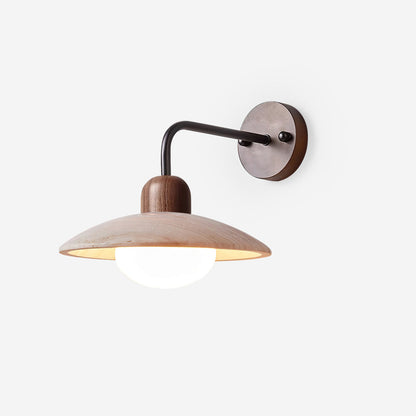 Wandlampe Carolia Travertine mit Holzfuß und Arm aus gebürstetem Messing