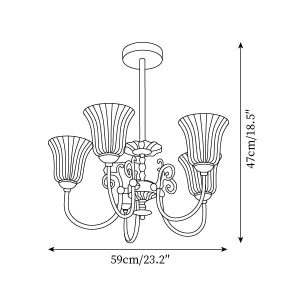 Vivienne Brass Chandelier, Fluted Glass Shades with Ornate Arms