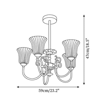 Vivienne Brass Chandelier, Fluted Glass Shades with Ornate Arms