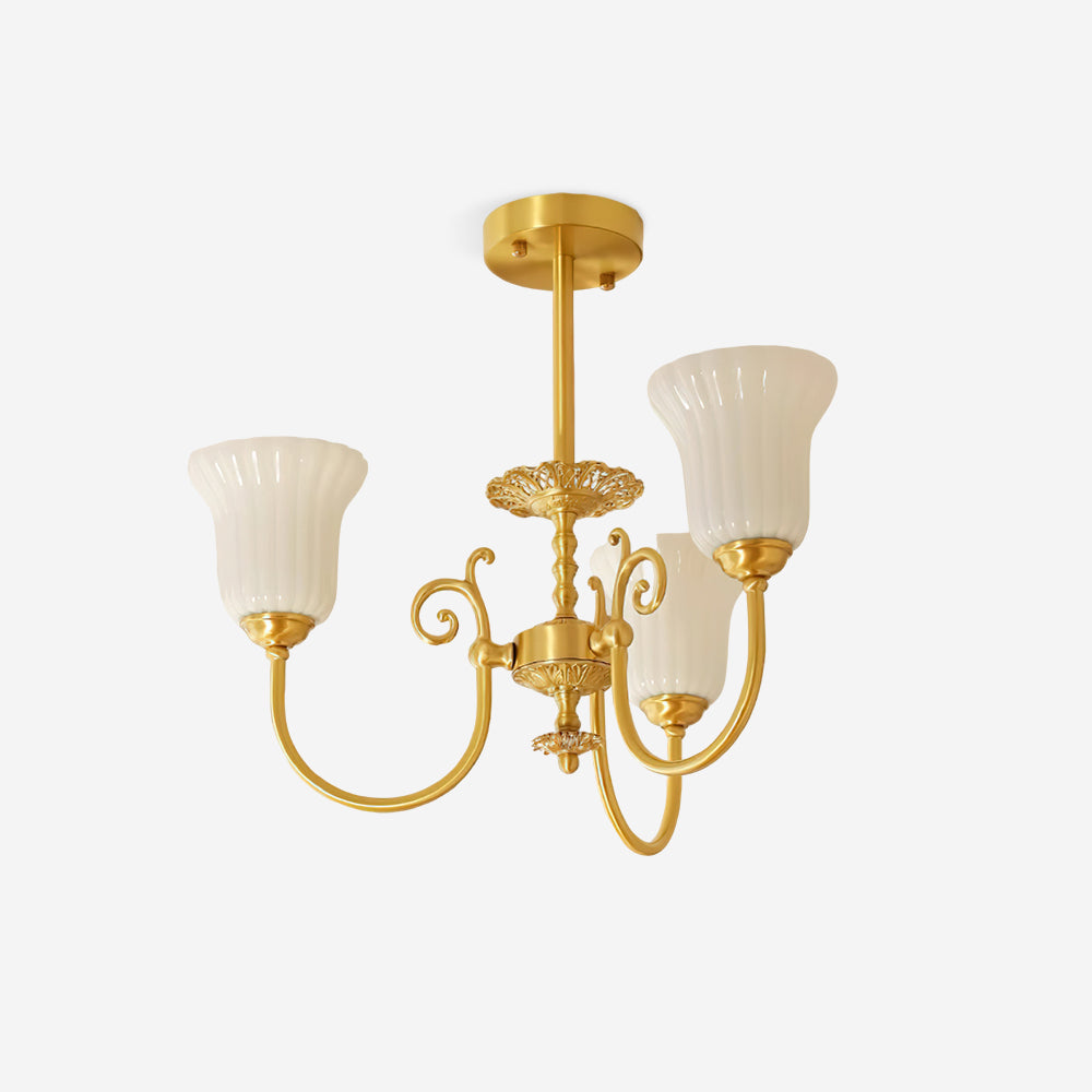 Vivienne Brass Chandelier, Fluted Glass Shades with Ornate Arms