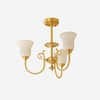 Vivienne Brass Chandelier, Fluted Glass Shades with Ornate Arms