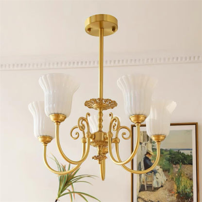 Vivienne Brass Chandelier, Fluted Glass Shades with Ornate Arms
