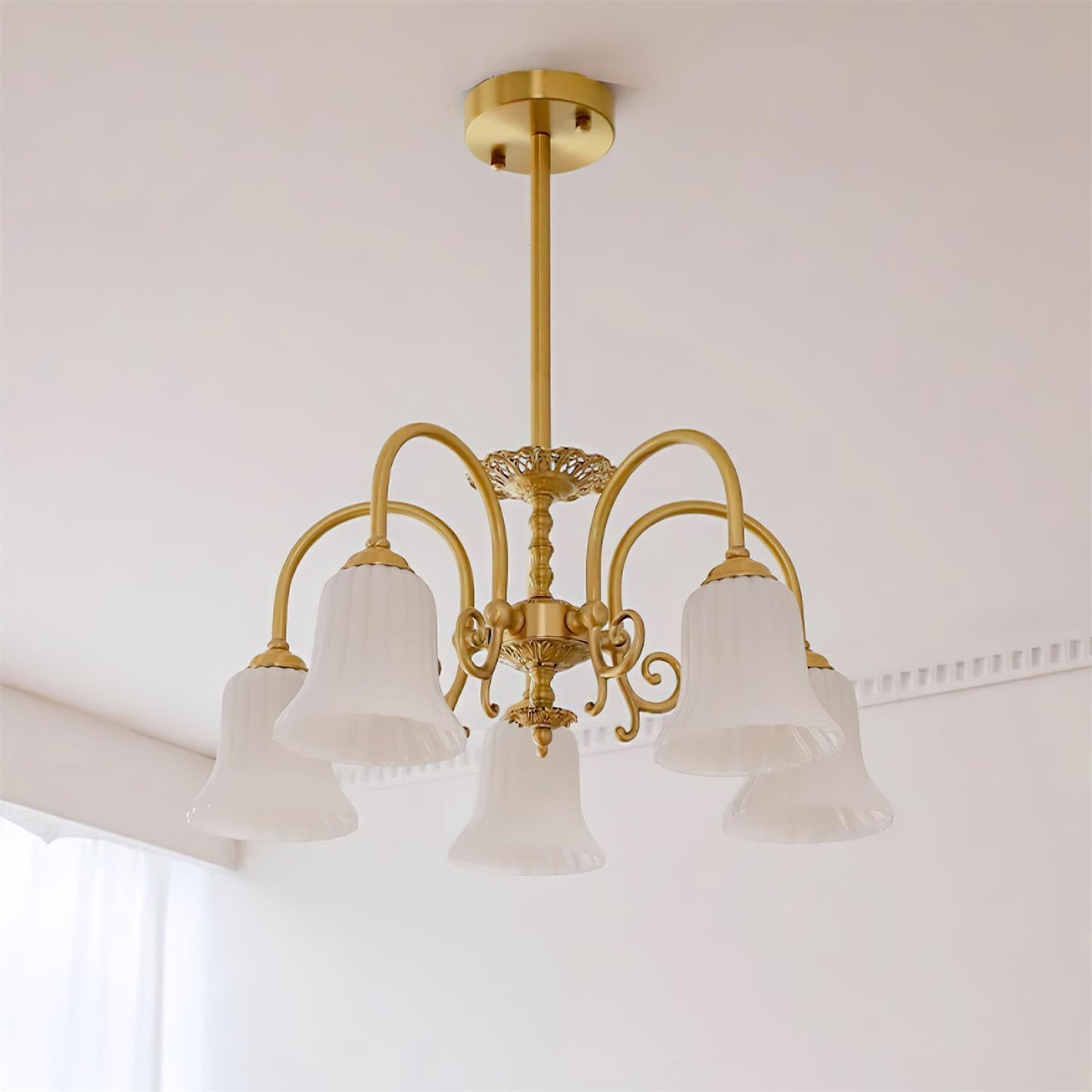 Vivienne Brass Chandelier, Fluted Glass Shades with Ornate Arms