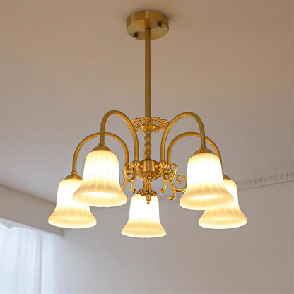 Vivienne Brass Chandelier, Fluted Glass Shades with Ornate Arms