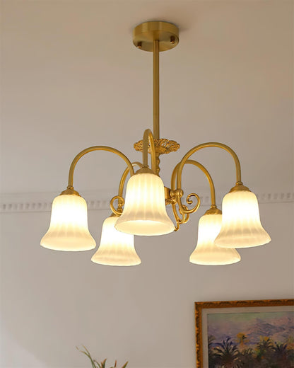 Vivienne Brass Chandelier, Fluted Glass Shades with Ornate Arms